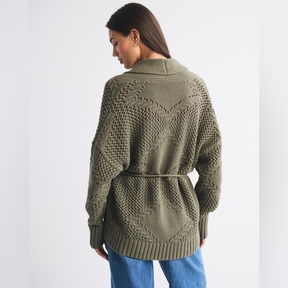 NWT Abercrombie Textural Stitch Belted Shawl Collar Cardigan Olive Green Size M - Picture 5 of 13